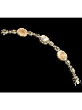Signed 925 CFJ Sterling Silver Mother Of Pearl Marcasite Panel Link Bracelet 7”
